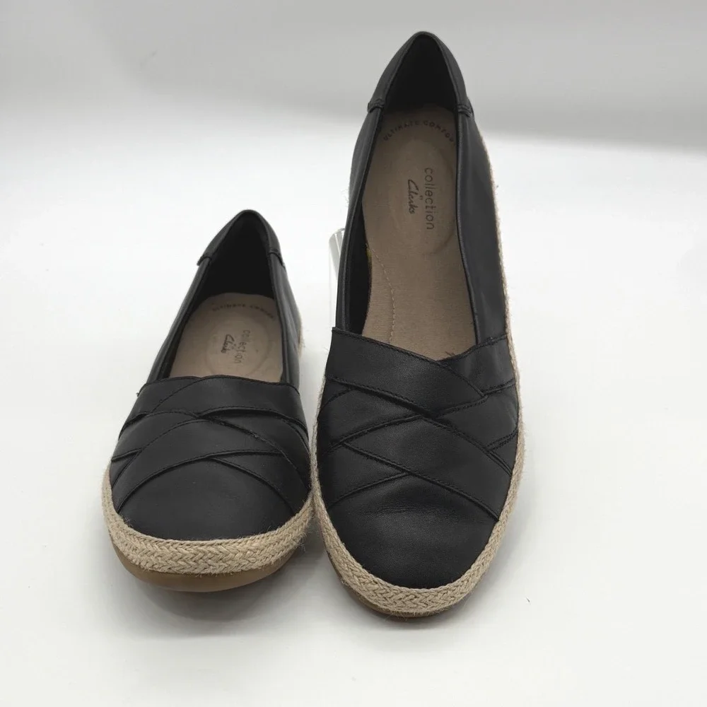 Clarks Espadrille Flats Womens 9.5 Black Leather Danelly Shine Comfort Slip on